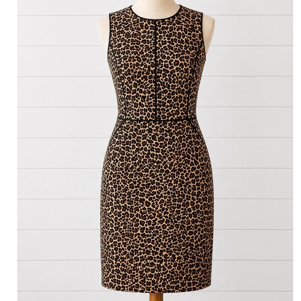 J Crew Sheath Leopard Dress Stretch Cotton Tan Brown Black Sleeveless Medium 8